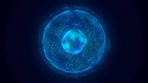 Blue energy glowing sphere futuristic atom from particles and energy waves background