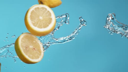 Sliced Lemons Falling with Splashing Water on Blue