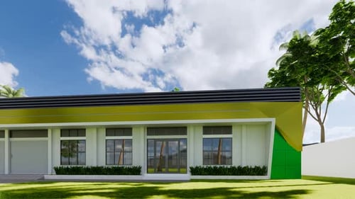 Diseño arquitectónico moderno que muestra un edificio verde vibrante bajo un cielo brillante y soleado