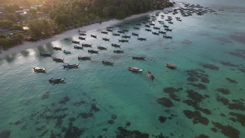 Footage of tourism long-tailed boats float on the sea