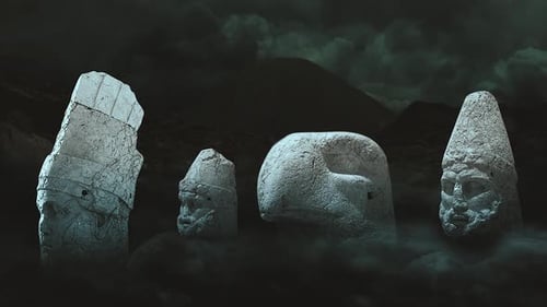 Ancient Stone Statues Emerging from Mysterious Fog