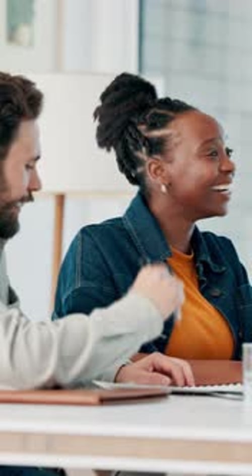 Woman, team and laugh at startup for office meeting, insight and review with project at media