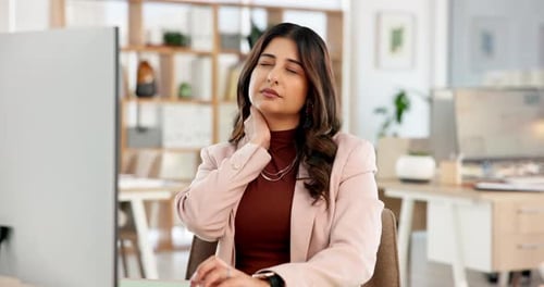 Frustrated, business woman or neck pain with injury in office for muscle tension or overworked