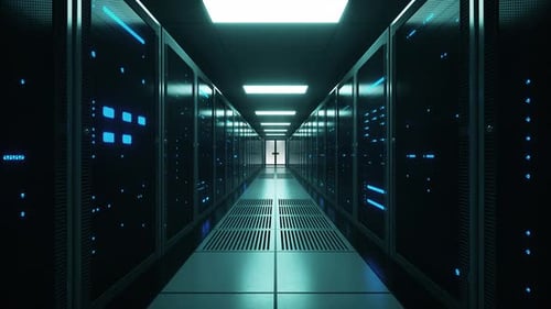 Racks de servidores de red y datos futuristas con luces parpadeantes y malla