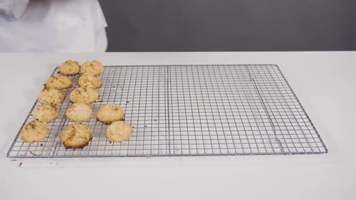 Refrescar galletas de coco recién horneadas en una rejilla de secado de cocina