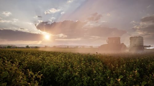 Farming Tractor Plowing And Spraying On Field
