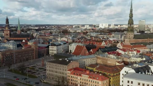 Riga Old Town with St Peter Church Dome Cathedral and Riflemen Square Latvia