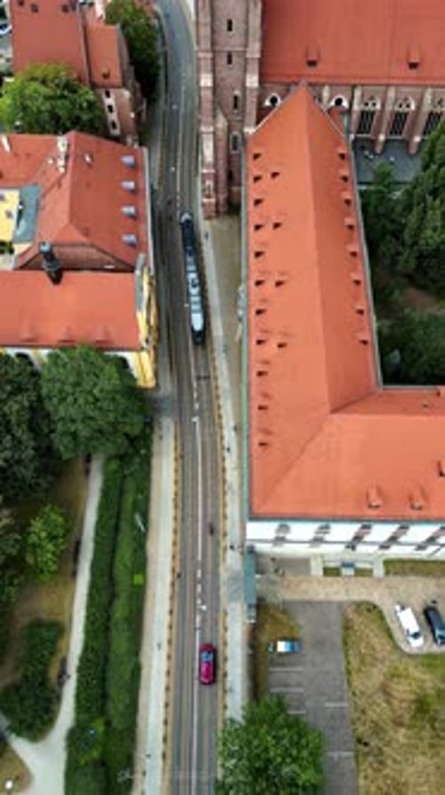 Aerial drone view of Wroclaw city on the Oder River in western Poland. Vertical