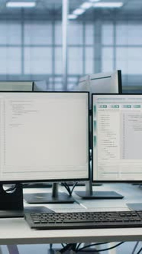 Modern Office Workstations with Computer Monitors Displaying Code