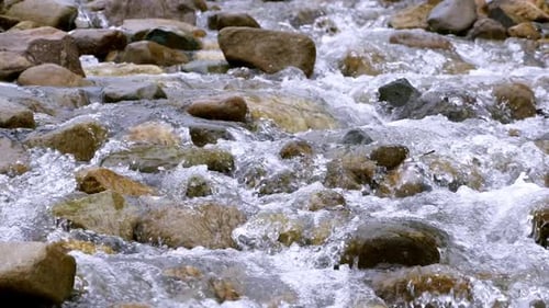 Clear stream running through stone boulders Abundant river flowing in slow motion. Wild mountain riv