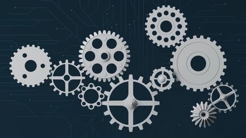 Interconnected Gears Mechanism on Tech Circuit Board Background