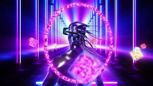 Futuristic VR Metaverse Journey with Cybernetic Humanoid