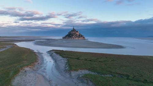 Aerial View of the Famous French Landmark Abbaye Du MontSaintMichel Normandie France