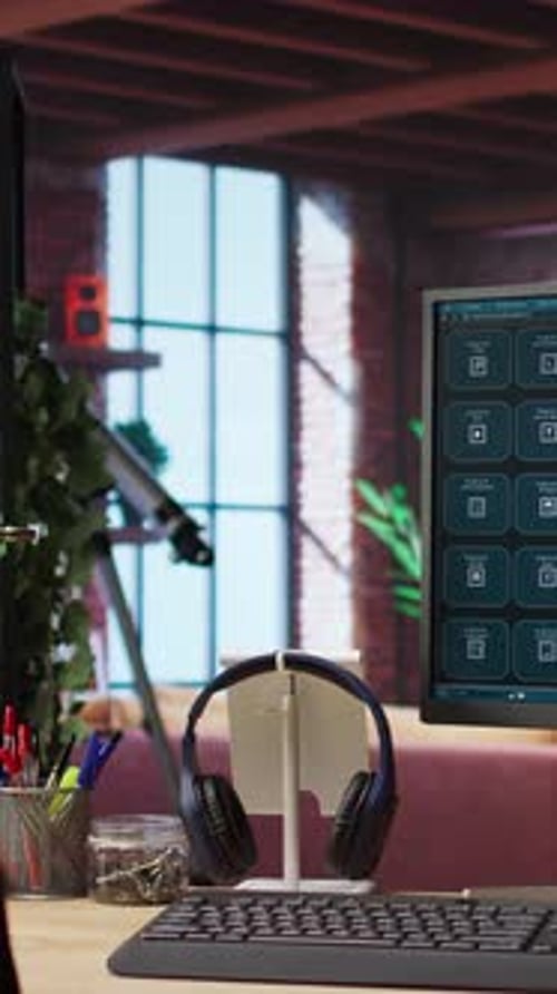 Vertical Video Computer Setup in Bright Apartment Showing Large Language Model Program