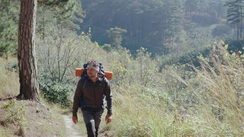 Man Hiking With Backpack in Forest