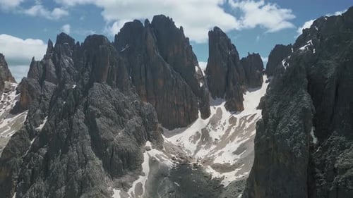 Aerial view of mountain landscape in the Dolomites, Italy on a sunny day