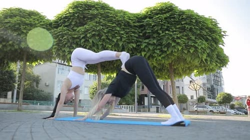 Two Young Women Doing a Balancing Pose in a City Park Outdoor Yoga Classes Healthy Lifestyle