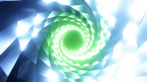 Abstract blue and green futuristic shimmering spiral tunnel 3D animation.