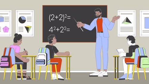 Animated Education Scene: Teacher Explaining Math to Diverse Students