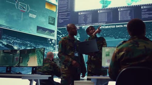 Futuristic Military Command Center With Personnel