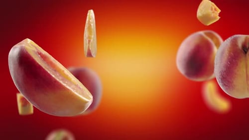 Peaches Float in the Air on Red Background