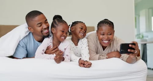 Black family, selfie and parents with children in bedroom for love, care
