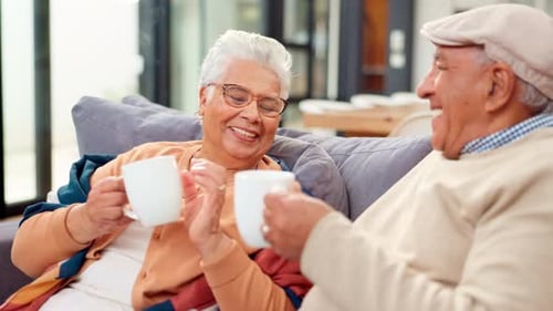 Senior Couple Toasting Together on Living Room Couch