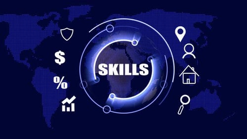 Digital Globe Corporate Network with Glowing Icons and Skills Text Reveal