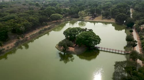 View of a Reservoir with a Piece of Land in the Middle