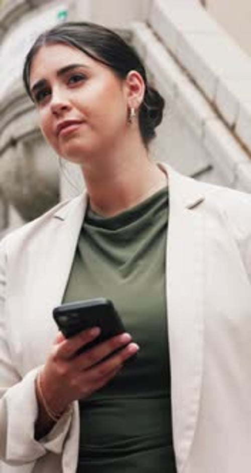 Woman, phone and thinking with waiting in city for travel delay, booking taxi