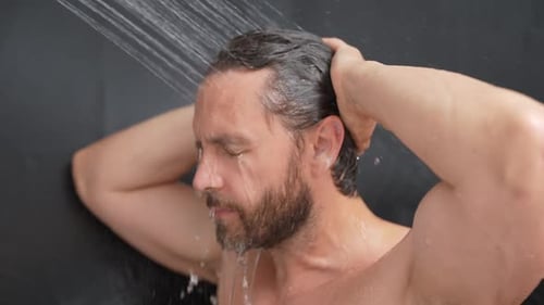 Man Washing Hair Close Up Portrait Man Bathing Shower Washing Hair Head in Bathroom Male Model