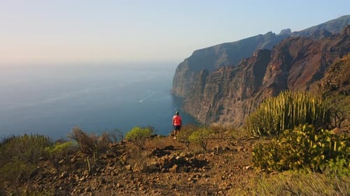 Aerial View of a Brave Tourist Standing on the Edge of the Cliff