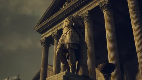 Ancient Statue Stands in Front of Grand Columns at a Historic Site