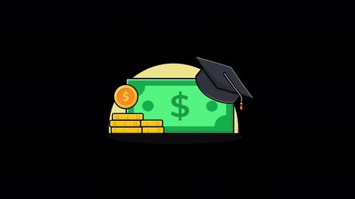 Money with Coin Stack and Graduation Hat. Scholarship Concept Animation Video - Transparent