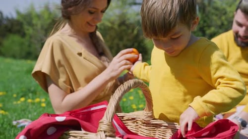 Happy Family Enjoying Spring Picnic in Grassy Meadow
