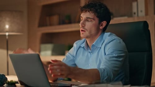 Exhausted Freelancer Finish Work Closing Laptop Late Evening Close Up Tired Man