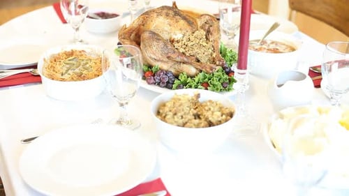 Festive Thanksgiving Dinner Table with Roasted Turkey