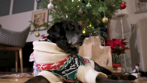 Dog Wearing Sweater Under Christmas Tree