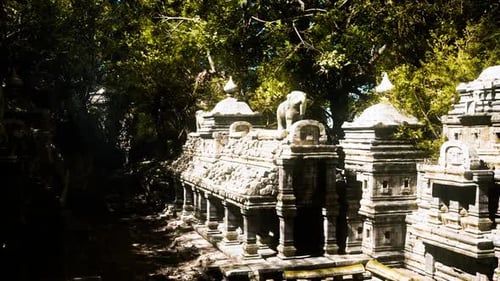 Ancient Temple Ruins in Cambodia Surrounded By Lush Greenery and Sunlight