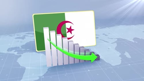 Algeria Flag With Decrease Bar Chart Graph And Arrow Green