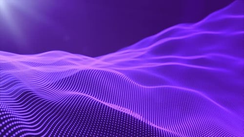 Abstract purple digital waves on dark background with soft light rays. Digital sea particle waves