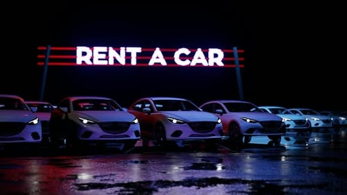 Neon Rent a Car Sign With Glitch Effect at Night