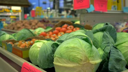 4K Fresh Cabbage Slider Shot Grocery Store Fruit Produce