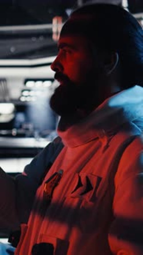 Vertical Video Astronaut Reviewing Onboard Analytics on Laptop Before Stepping Out of Station