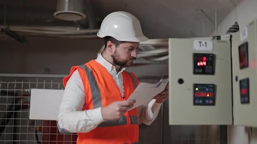 Electrical Engineer in Hardhat Checks Control Panel Readings in Industrial Setting