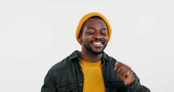 Happy, man and rapper dance in studio to celebrate party, success and ...