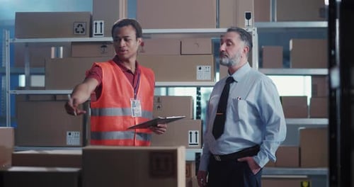 African American Executive in Red Uniform Explaining Information to Director Showing Sorted Delivery