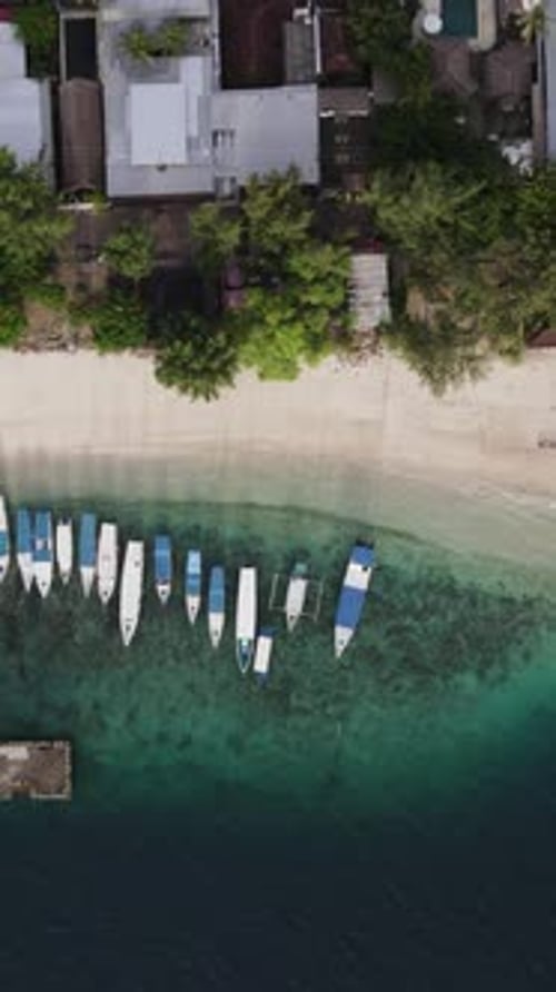 Vertical drone shot above a beach in Gili Trawangan, Indonesia, golden hour