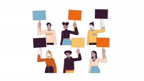 Animated Diverse People Holding Blank Signs Flat Design