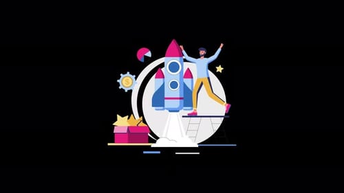 A cartoon-style rocket launch with a person celebrating.